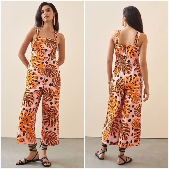 FARM Rio Pants - NWT FARM Rio Anthropologie Jumpsuit Animal Print Floral Yellow Orange Medium